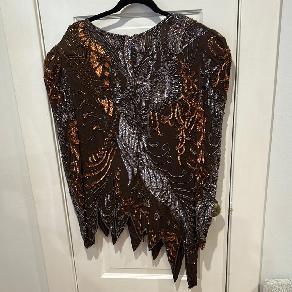 Vintage Oleg Cassini Brown Asymmetrical Blouse Sequin Beaded Top Sz 14 - Picture 3 of 5